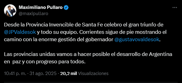 Corrientes: Gobernadores de Provincias Unidas y Schiaretti celebraron la victoria de Juan Pablo Valdés 5 corrientes4 - 4