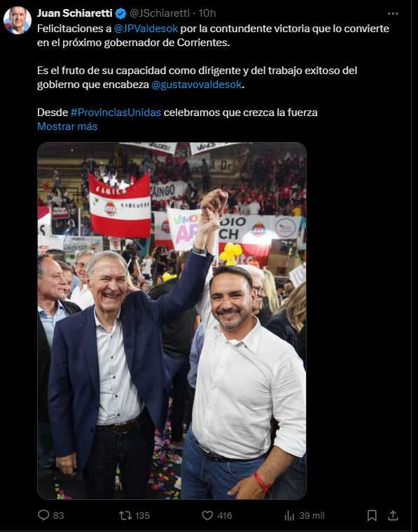 Corrientes: Gobernadores de Provincias Unidas y Schiaretti celebraron la victoria de Juan Pablo Valdés 3 corrientes5 - 2