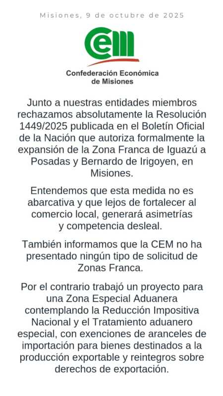 La CEM rechaza la ampliación de la Zona Franca a Posadas e Irigoyen 2 CEM zona franca