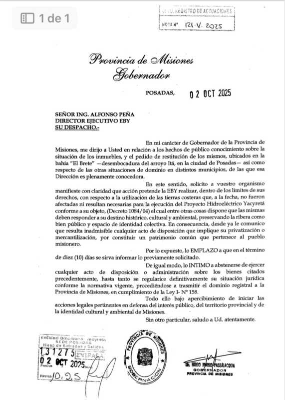 Passalacqua intimó a la EBY a entregar los predios que quiere desalojar en El Brete 1 misiones intima a la EBY