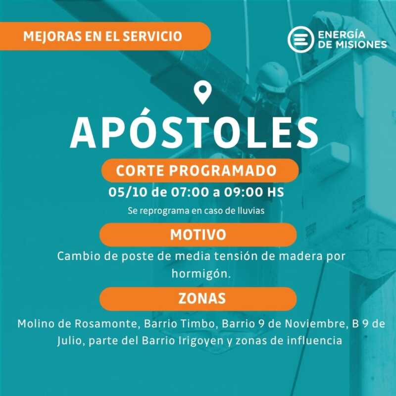 Energía de Misiones anunció cortes programados en varias localidades por mantenimiento y mejoras 15 apostoles energia - 14