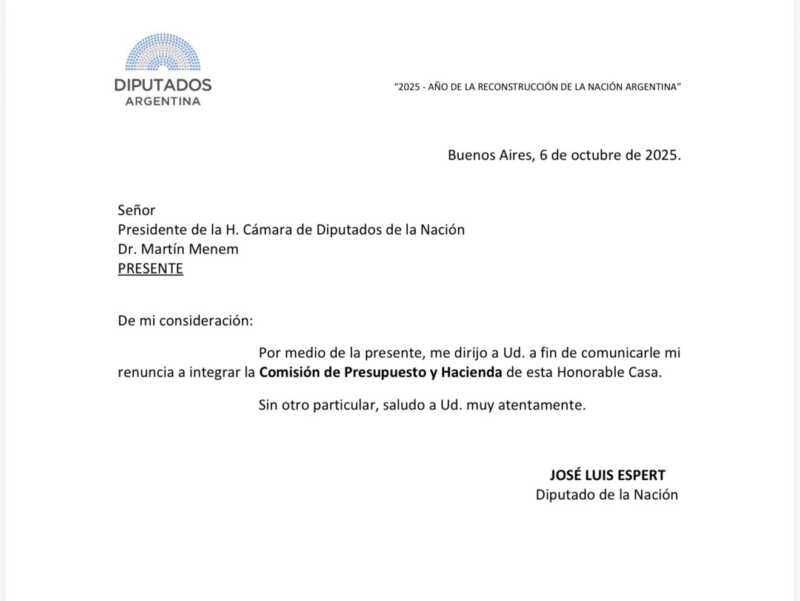 José Luis Espert también renunció a la Comisión de Presupuesto 1 La renuncia de Espert.