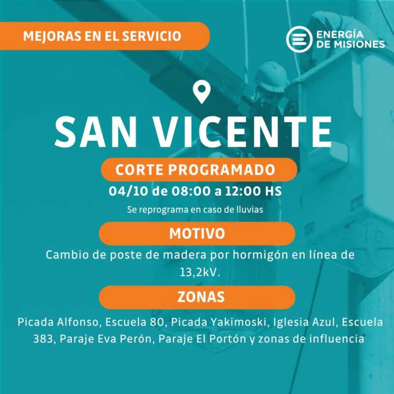 Energía de Misiones anunció cortes programados en varias localidades por mantenimiento y mejoras 11 san vicente2 - 10