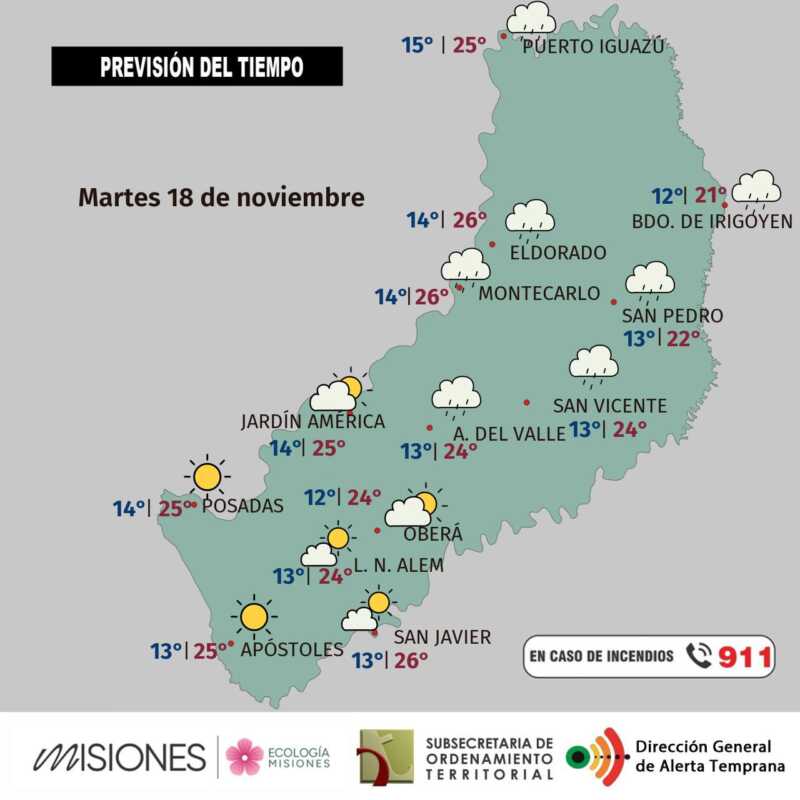 Clima en Misiones: martes húmedo, miércoles despejado y jueves sofocante 2 Martes 18: inestabilidad en el norte y centro de Misiones