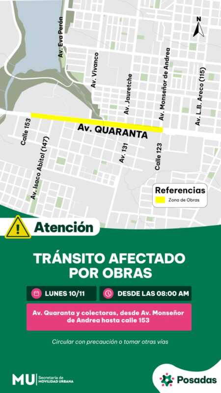 Tránsito interrumpido por obras en la avenida Quaranta: piden circular con precaución 3 quaranta posadas trabajos