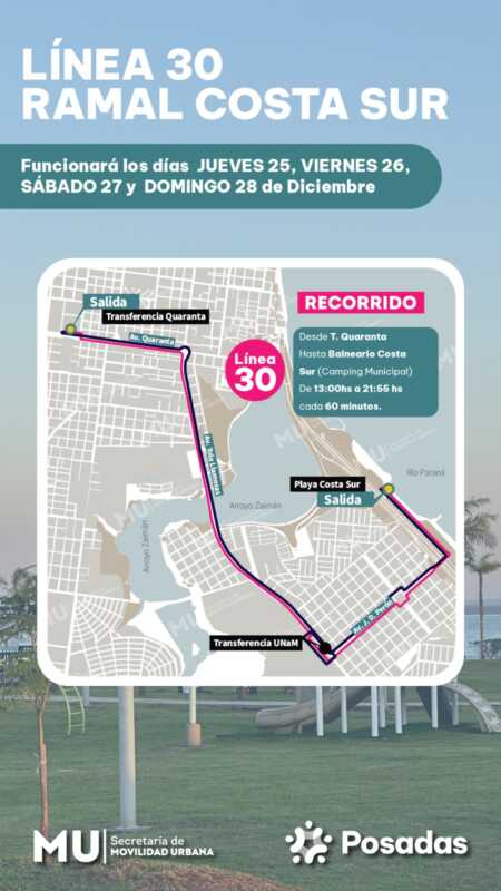 Servicio especial de la Línea 30 al Balneario Costa Sur durante las fiestas 1 Refuerzan el transporte a Costa Sur con un servicio especial de la Línea 30