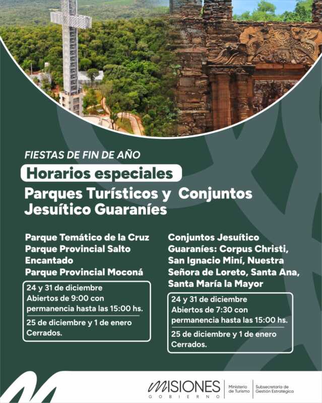 Navidad y Año Nuevo: así funcionarán los parques turísticos de Misiones 2 Fiestas en Misiones: horarios especiales en parques y conjuntos jesuíticos