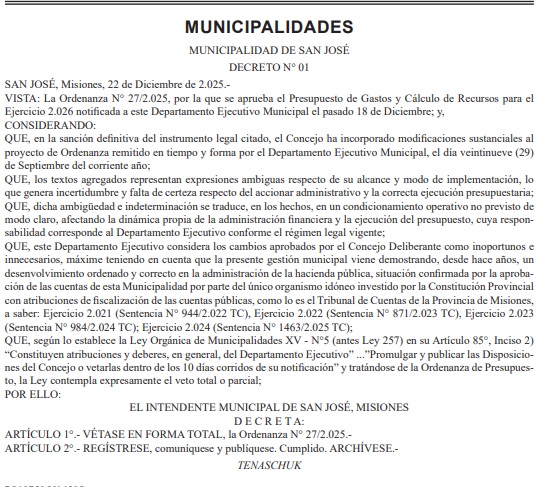 Conflicto político en San José: intendente vetó en forma total la ordenanza del Presupuesto 2026 6 veto san jose - 5