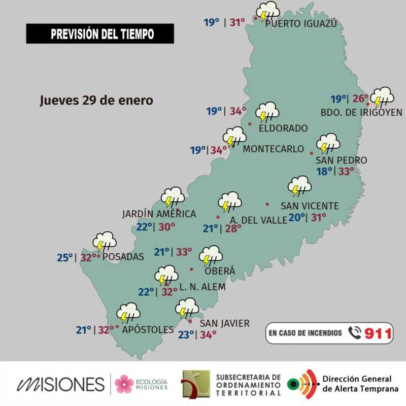 Clima en Misiones: lluvias, tormentas y calor extremo hasta el sábado 3 Jueves 29: tormentas y calor sin respiro en Misiones