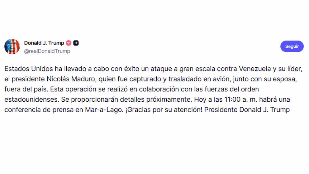 Trump anunció la captura de Maduro tras una acción militar de EE.UU 1 TRUMP