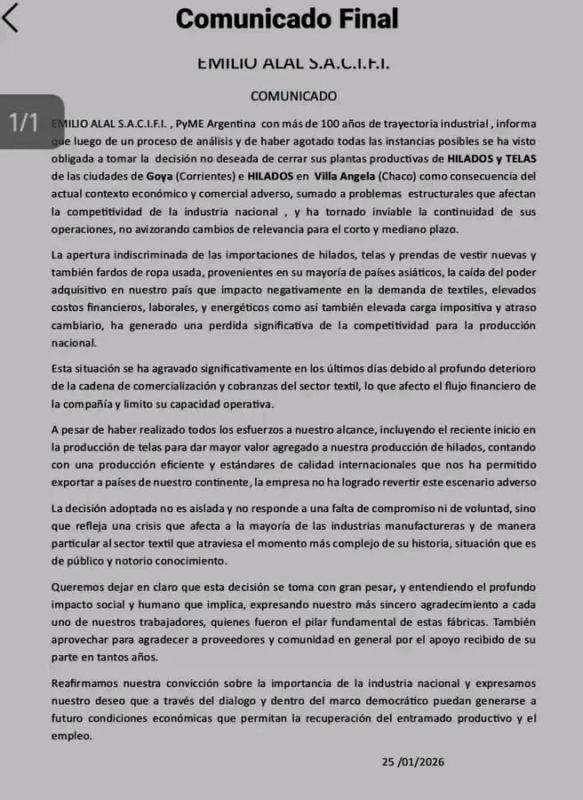 Operarios de la textil Alal recibieron telegramas de despido que pusieron fin a un siglo de historia industrial en Goya.
