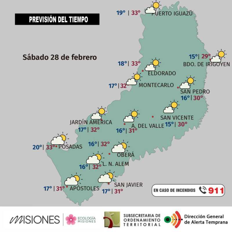 Misiones: fin de semana caluroso y lluvias el lunes 2 Sábado 28: estable y caluroso por la tarde en Misiones
