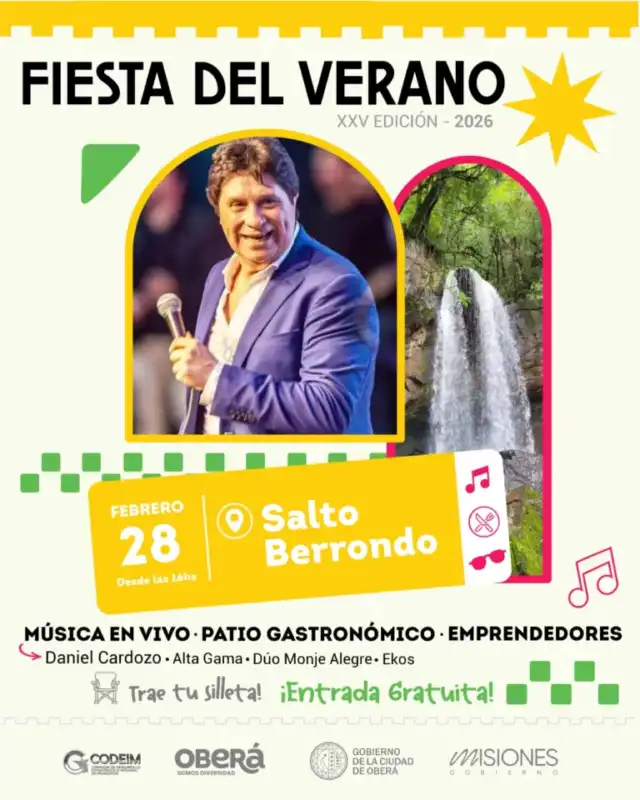 Oberá celebrará la XXV Fiesta del Verano y el 9° Campeonato del Mejor Asador en el Salto Berrondo 2 El entorno natural del Salto Berrondo será el escenario de una jornada que reunirá a familias y visitantes en torno a la música, la gastronomía y la cultura regional.