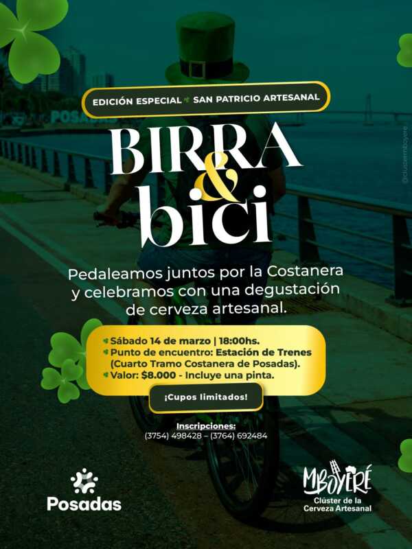 Birra y bici en Posadas: una pedaleada turística que termina con degustación de cerveza artesanal en San Patricio 3 “Birra y Bici” combina turismo urbano, actividad física y degustación en el marco de la celebración de San Patricio.