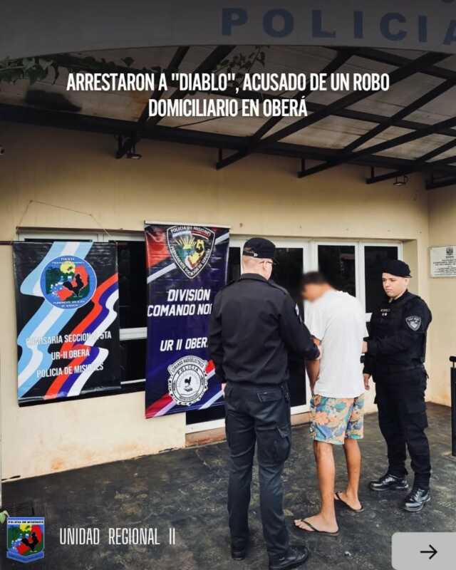 Oberá: joven detenido por robo domiciliario tras ser identificado en cámaras 2 Oberá: identificaron por cámaras y detuvieron a “Diablo” tras un robo