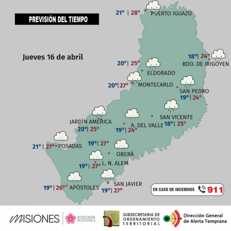 Misiones: frente frío trae lluvias y mejora hacia el viernes 2 Jueves 16: lluvias débiles y mejora gradual en Misiones