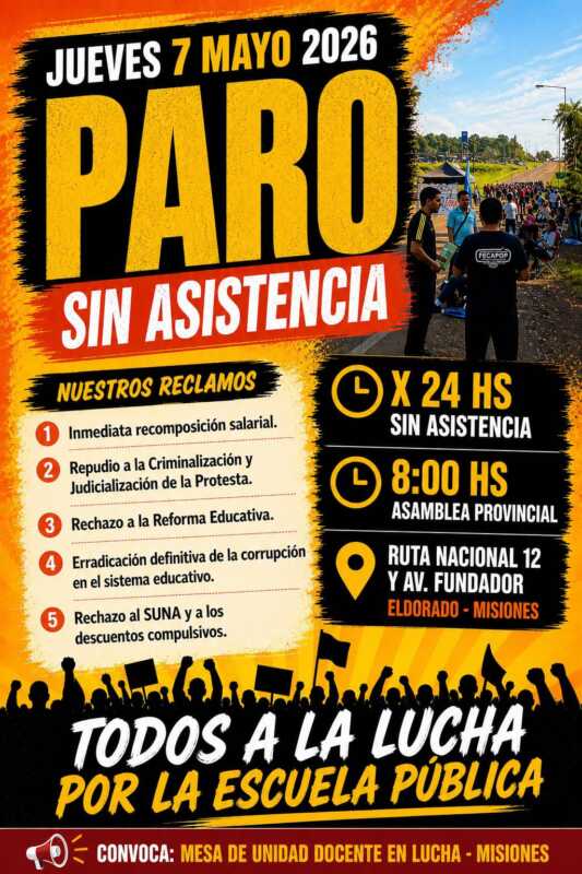 Paro docente y asamblea provincial este jueves en Eldorado 2 Docentes vuelven al paro y se movilizan en Eldorado