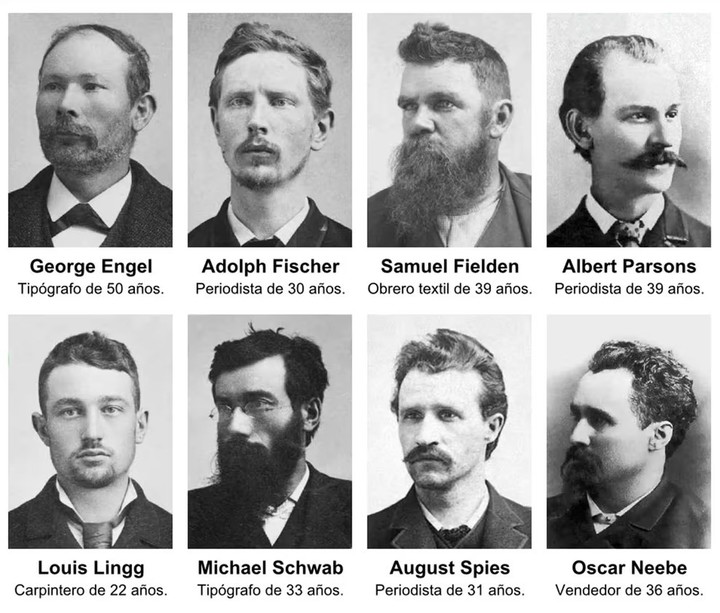Los ocho mártires de Chicago que fueron acusados de asesinato y conspiración durante la "Masacre de Haymarket".