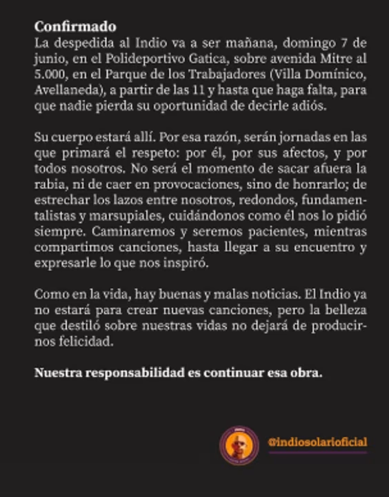 El adiós al “Indio” Solari: se definió el velatorio en Avellaneda 2 Indio