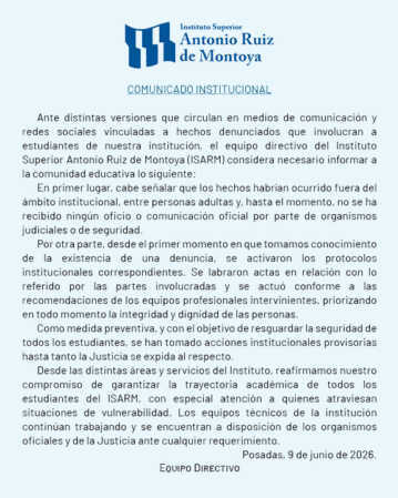 El Montoya se expidió sobre la denuncia de acoso 3 El Instituto Superior Antonio Ruiz de Montoya emitió un comunicado oficial sobre una denuncia que involucra a estudiantes. Aseguró que los hechos habrían ocurrido fuera del ámbito institucional y que ya se activaron los protocolos correspondientes.
